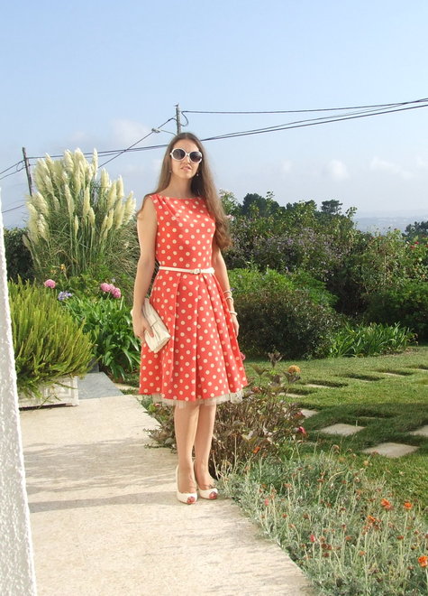 coral polka dot dress