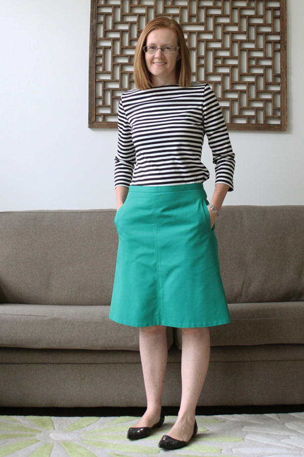 Emerald Green a-line skirt and striped boat neck top 